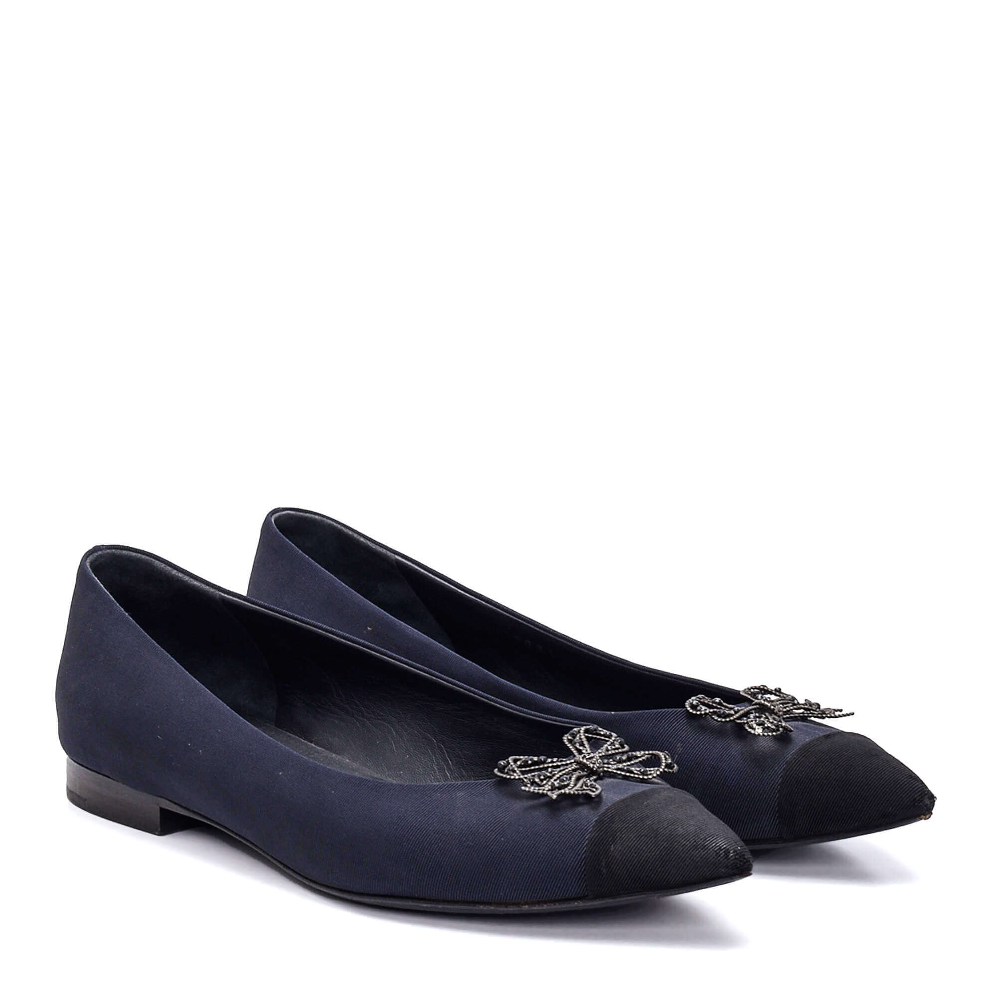 Chanel - Navy Canvas Metal Bow and Black Cap Toe Detail Ballerinas